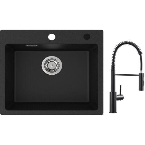 Cecipa Evier 1 Bac Quartz Noir 50x45cm Evier de Cuisine en Quartz Evier de Cuisine en Granit + Mitigeur de Cuisine à Ressort avec Douchette Extractible, Robinet Evier 2 Modes de Sortie D'eau, Noir