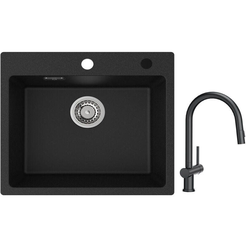 Cecipa - Evier 1 Bac Quartz Noir 50x45cm Evier de Cuisine en Quartz Evier de Cuisine en Granit + Mitigeur de Cuisine avec Douchette Extractible avec