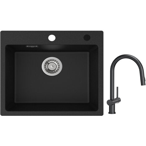 Cecipa Evier 1 Bac Quartz Noir 50x45cm Evier de Cuisine en Quartz Evier de Cuisine en Granit + Mitigeur de Cuisine avec Douchette Extractible avec 2 Types de Jet Noir