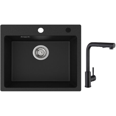 Cecipa Evier 1 Bac Quartz Noir 50x45cm Evier de Cuisine en Quartz Evier de Cuisine en Granit + Noir Mitigeur de Cuisine avec Douchette Extractible 2 Modes de pulvérisat