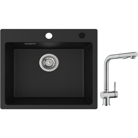 Cecipa Evier 1 Bac Quartz Noir 50x45cm Evier de Cuisine en Quartz Evier de Cuisine en Granit + Robinet Cuisine avec Douchette Mitigeur d'évier Extractible Brossé