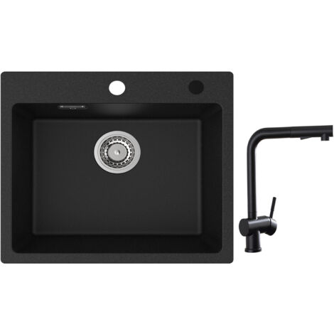 Cecipa Evier 1 Bac Quartz Noir 50x45cm Evier de Cuisine en Quartz Evier de Cuisine en Granit + Robinets Cuisine avec Douchette Extractible, Mitigeur d'évier Noir