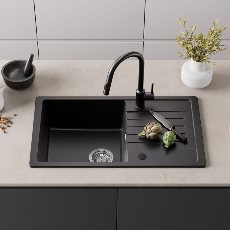 Cecipa - Evier à encastrer avec Egouttoir - Evier 1 Bac en Quartz et Résine - Evier 1 Bac 78x45cm Grande capacité Noir Evier de Cuisine Deux