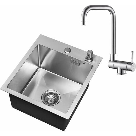 CECIPA Évier Cuisine 1 Bac 40 × 45 cm + Robinet de Cuisine Rabattable Montage à Encastrer ou Sur le Plan Au Moins 40 cm du Bas de l'Armoire, avec Siphon, Trop-Plein et Distributeur de Savon Gratuit