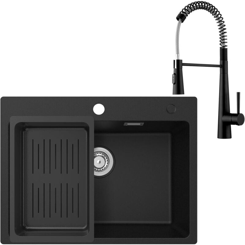 Cecipa - Evier Cuisine 1 Bac 60 x 45 cm avec Mitigeur à Ressort, Evier Noir en Granit avec Panie de Vidange, Lavabo Cuisine pour Meubles Bas de 60