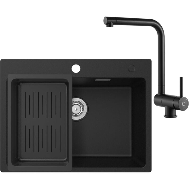Cecipa - Evier Cuisine 1 Bac 60 x 45 cm avec Mitigeur Cuisine Rabattable, Evier Noir en Granit avec Panie de Vidange, Lavabo Cuisine pour Meubles Bas