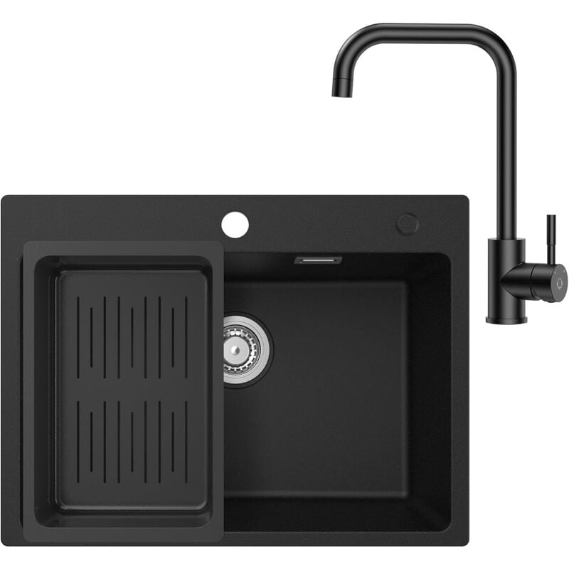 CECIPA Evier Cuisine 1 Bac 60 x 45 cm avec Robinet Cuisine Noir, Evier Noir en Granit avec Panie de Vidange, Lavabo Cuisine pour Meubles Bas de 60