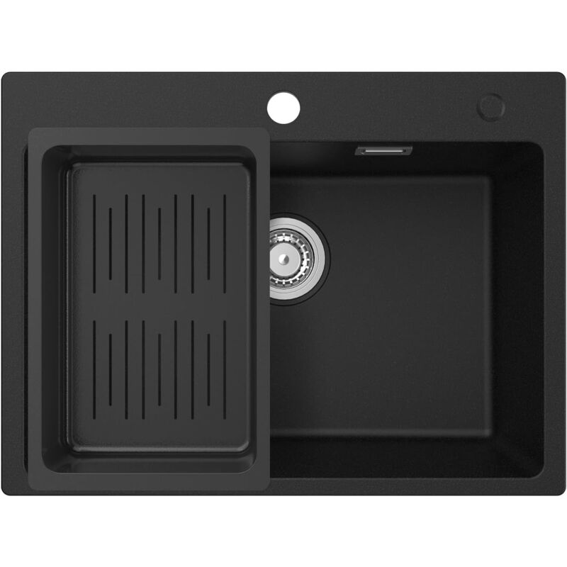 Evier Cuisine 1 Bac 60 x 45 cm, Evier Noir en Granit avec Panie de Vidange, Lavabo Cuisine pour Meubles Bas de 60 cm, Évier Cuisine Multifonction