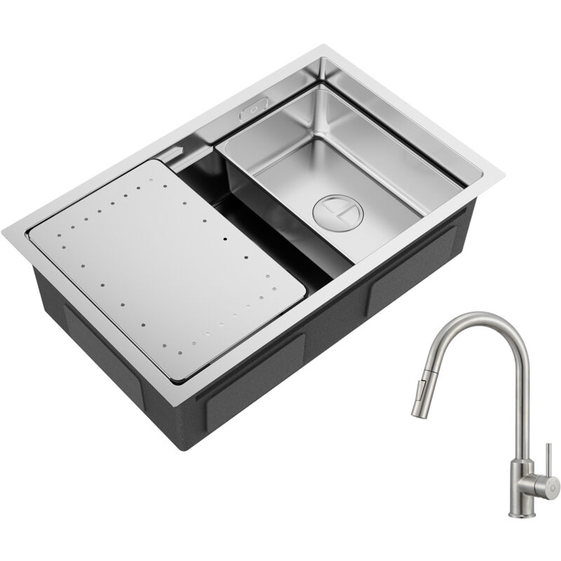 Cecipa - vier Cuisine 1 Bac 70×44×21CM Évier à Encastrer Inox Brossé avec Egouttoir et Vasque + Mitigeur de Cuisine Brossé avec Douchette Extractible