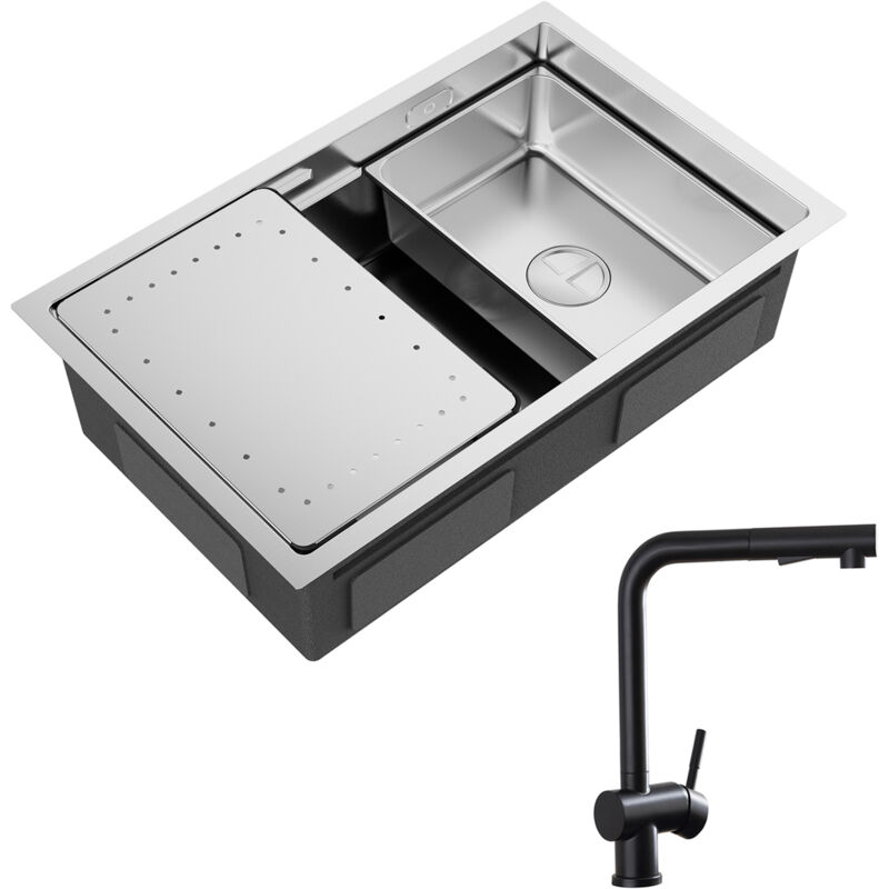 Cecipa Évier Cuisine 1 Bac 70×44×21CM Évier à Encastrer Inox Brossé avec Egouttoir et Vasque + Robinet Douchette Mitigeur avec Douchette Extractible