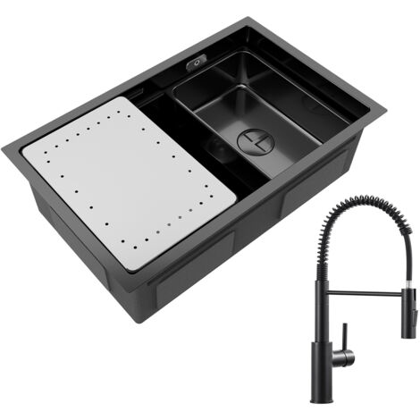 Cecipa Évier Cuisine 1 Bac 70×44cm avec Egouttoir et Vasque Évier à Encastrer Inox Noir + Mitigeur de Cuisine à Ressort avec Douchette Extractible, Robinet Evier 2 Modes de Sortie D'eau, Noir