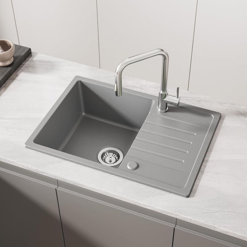 Cecipa - Evier Cuisine 1 Bac avec Egouttoir 65 x 45 cm, Evier Gris en Granit, Lavabo Cuisine 1 bac, Évier Cuisine Installation Réversible, avec