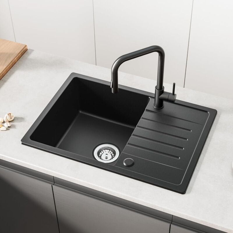 CECIPA Evier Cuisine 1 Bac avec Egouttoir 65 x 45 cm, Evier Noir en Granit, Lavabo Cuisine 1 bac, Évier Cuisine Installation Réversible, avec Siphon