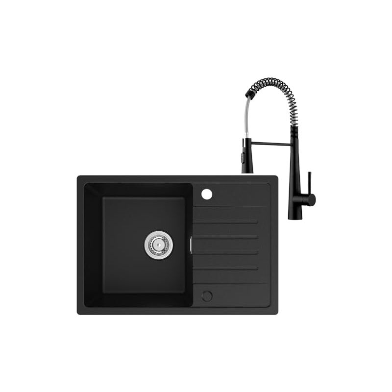 Cecipa - Evier Cuisine 1 Bac avec Egouttoir + Robinet Cuisine Douchette 65 x 45 cm, Evier Noir en Granit, Lavabo Cuisine 1 bac, Évier Cuisine avec