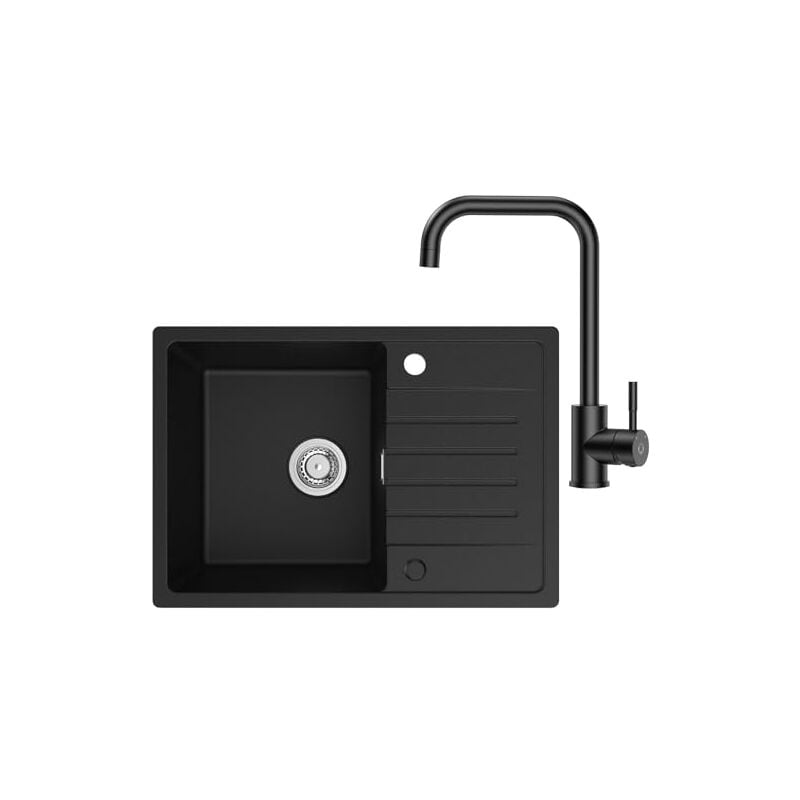 Cecipa - Evier Cuisine 1 Bac avec Egouttoir + Robinet Cuisine Noir 65 x 45 cm, Evier Noir en Granit, Lavabo Cuisine 1 bac, Évier Cuisine Installation
