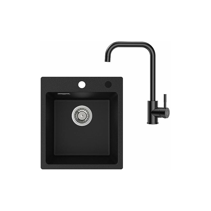 Cecipa - Evier Cuisine 1 Bac Granit 40x45cm+Robinet de Cuisine Noir, Evier Noir, Évier de Granit Rectangulaire, Petit Evier Granit, Cuve Simple avec