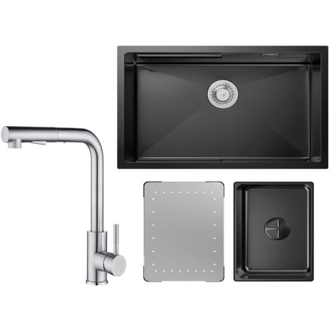 Cecipa Évier Cuisine 1 Bac Noir avec Egouttoir et Vasque Évier à Encastrer 70×44×21CM + Mitigeur Cuisine Brossé avec Douchette Extractible