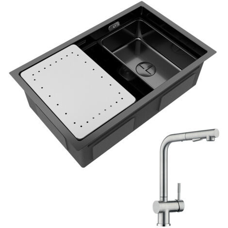 Cecipa Évier Cuisine 1 Bac Noir avec Egouttoir et Vasque Évier à Encastrer 70×44×21CM + Mitigeur Cuisine Brossé avec Douchette Robinet Douchette