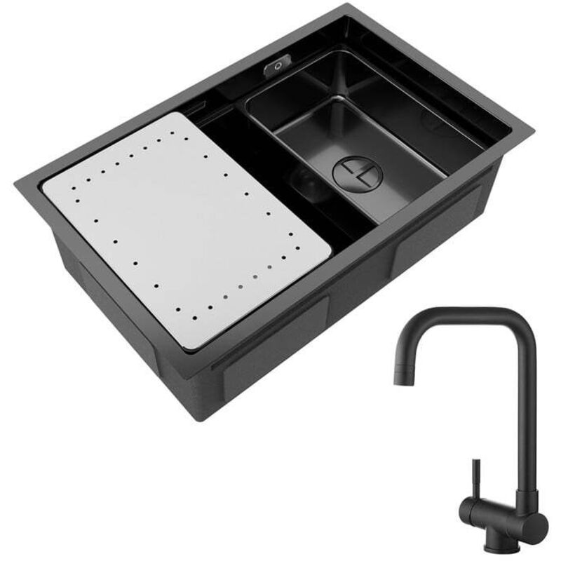 Cecipa - vier Cuisine 1 Bac Noir avec Egouttoir et Vasque Évier à Encastrer 70×44×21CM + Mitigeur Cuisine Rabattable Noir Robinet Pliable Sous Fenêtre