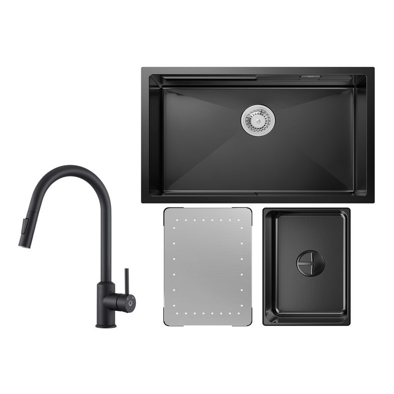 Cecipa - vier Cuisine 1 Bac Noir avec Egouttoir et Vasque Évier à Encastrer 70×44×21CM + Mitigeur de Cuisine avec Douchette Extractible - Noir