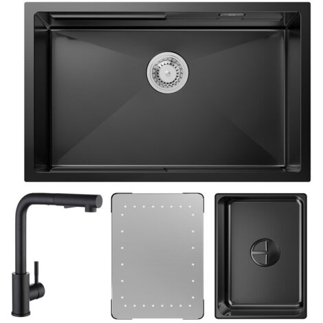 Cecipa Évier Cuisine 1 Bac Noir avec Egouttoir et Vasque Évier à Encastrer 70×44×21CM + Mitigeur de Cuisine avec Douchette Extractible Noir