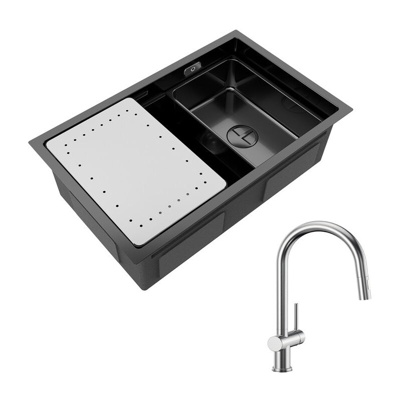 Cecipa - vier Cuisine 1 Bac Noir avec Egouttoir et Vasque Évier à Encastrer 70×44×21CM + Mitigeur de Cuisine en Inox Brossé avec Douchette Extractible
