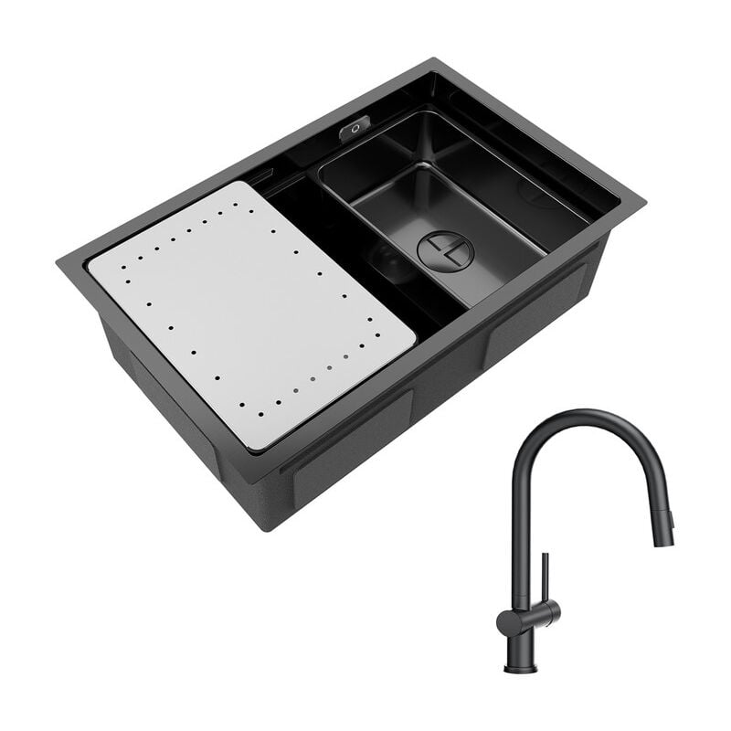 Cecipa - vier Cuisine 1 Bac Noir avec Egouttoir et Vasque Évier à Encastrer 70×44×21CM + Noir Mitigeur de Cuisine avec Douchette Extractible
