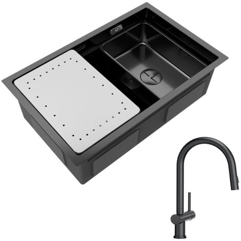 Cecipa Évier Cuisine 1 Bac Noir avec Egouttoir et Vasque Évier à Encastrer 70×44×21CM + Noir Mitigeur de Cuisine avec Douchette Extractible