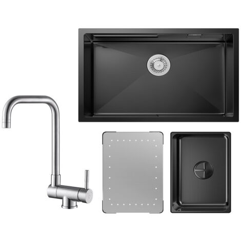 Cecipa Évier Cuisine 1 Bac Noir avec Egouttoir et Vasque Évier à Encastrer 70×44×21CM + Robinet Cuisine Rabattable Mitigeur Repliable devant Fenêtre Brossé