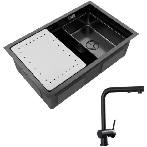 Cecipa Évier Cuisine 1 Bac Noir avec Egouttoir et Vasque Évier à Encastrer 70×44×21CM + Robinet Douchette Mitigeur avec Douchette Extractible