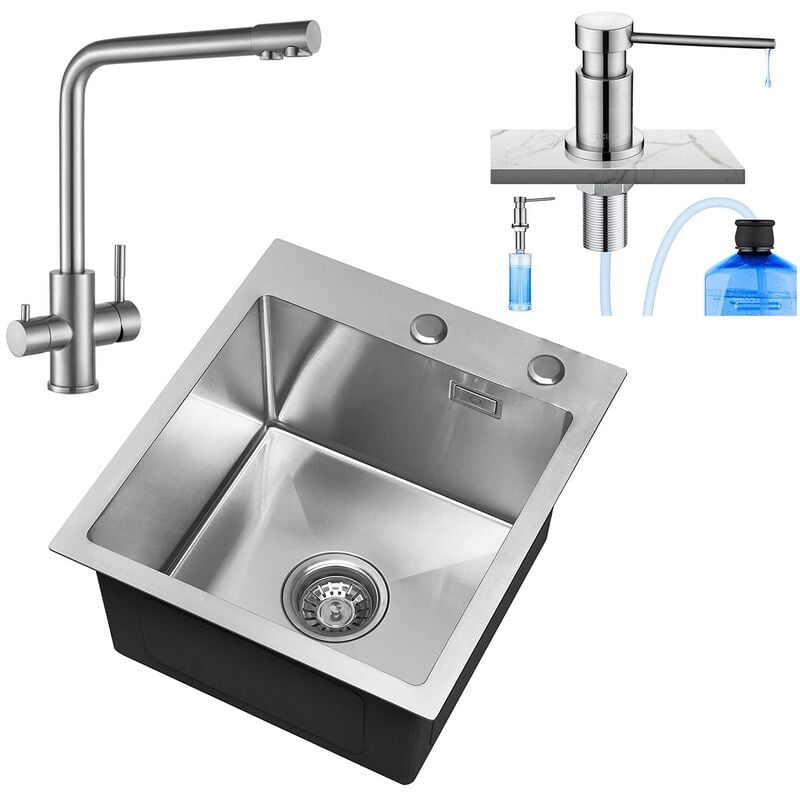 Cecipa - Evier Cuisine 1 Bac Évier Inox 1 Cuve avec Siphon et Trop-Plein Évier de Cuisine Inox 40×45×22CM+Robinet Cuisine 3 Voies, Eau Filtrée et Eau