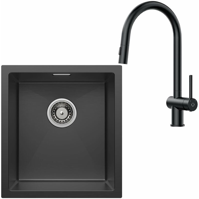 Cecipa - Evier Cuisine Noir 1 Bac 40x44cm+Robinet de Cuisine Extensible, Evier Inox 1 Bac Rectangulaire, Petit Évier de Cuisine, Cuve Simple avec