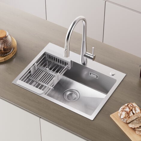 Cecipa Évier de Cuisine 1 Bac 60×45×18CM Évier Cuisine Acier Inoxydable 304 Brossé avec Panier de Drainage