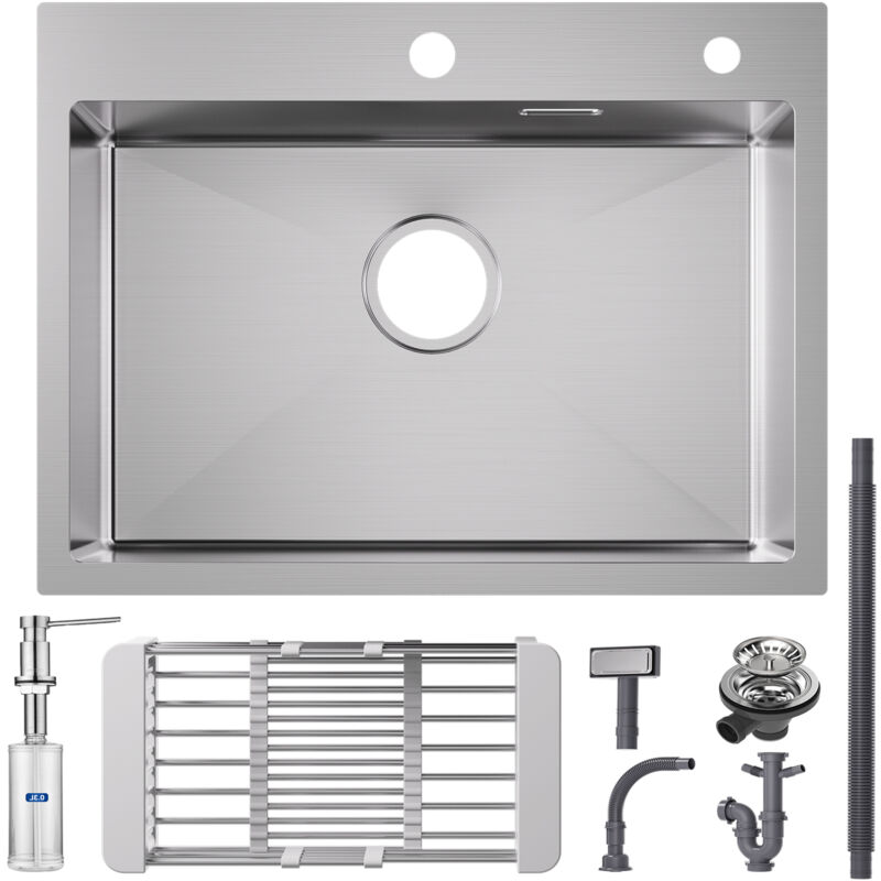 Cecipa Évier de Cuisine 1 Bac 60×45×18CM Évier Cuisine Acier Inoxydable 304 Brossé avec Panier de Drainage + Distributeur de Savon de Cuisine Brossé