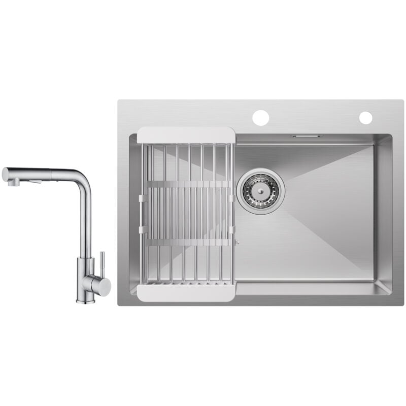 Cecipa - vier de Cuisine 1 Bac 60×45×18CM Évier Cuisine Acier Inoxydable 304 Brossé avec Panier de Drainage + Mitigeur Cuisine avec Douchette