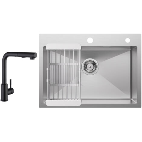Cecipa Évier de Cuisine 1 Bac 60×45×18CM Évier Cuisine Acier Inoxydable 304 Brossé avec Panier de Drainage + Noir Mitigeur de Cuisine avec Douchette Extractible 2 Modes de pulvérisat