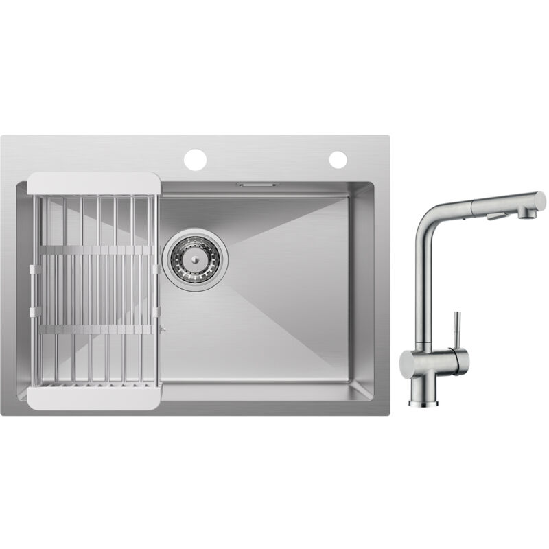 Cecipa - vier de Cuisine 1 Bac 60×45×18CM Évier Cuisine Acier Inoxydable 304 Brossé avec Panier de Drainage + Robinet Cuisine avec Douchette Mitigeur