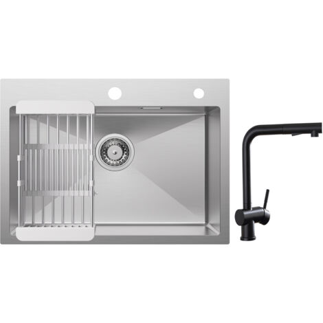 Cecipa Évier de Cuisine 1 Bac 60×45×18CM Évier Cuisine Acier Inoxydable 304 Brossé avec Panier de Drainage + Robinets Cuisine avec Douchette Extractible, Mitigeur d'évier Noir