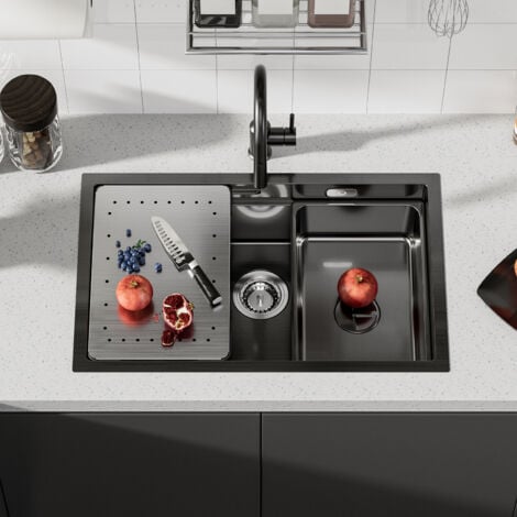 Cecipa Évier de Cuisine 1 Bac 70x44x21cm, Évier avec Egouttoir et Vasque, Évier à Encastrer en Acier Inoxydable 201 pour Cuisine, Anthracite