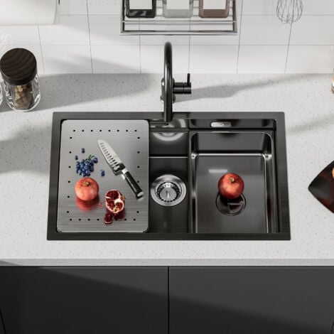 Cecipa Évier de Cuisine 1 Bac 70x44x21cm, Évier avec Egouttoir et Vasque, Évier à Encastrer en Acier Inoxydable 201 pour Cuisine, Noir