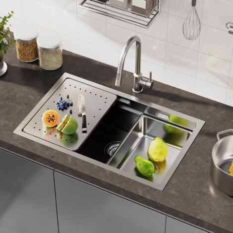 Cecipa Évier de Cuisine 1 Bac 70x44x21cm, Évier avec Egouttoir et Vasque, Évier à Encastrer en Acier Inoxydable 304 pour Cuisine, Brossé