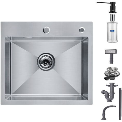 Cecipa Évier de Cuisine 1 Bac, Évier de Cuisine 50 x 45 x 18,5 cm, Évier de Cuisine Carré Inoxydable Brossé + Distributeur de Savon Noir