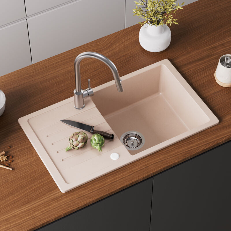 Cecipa - Evier de Cuisine avec Egouttoir - Evier 1 Bac en Quartz et Résine - Evier 1 Bac 78x45cm Grande capacité Deux directions d'installation