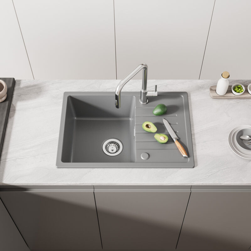 Cecipa - Evier de cuisine avec égouttoir - Gris 65 x 45 cm Evier à encastrer Quartz et résine - Evier 1 Bac avec étagère