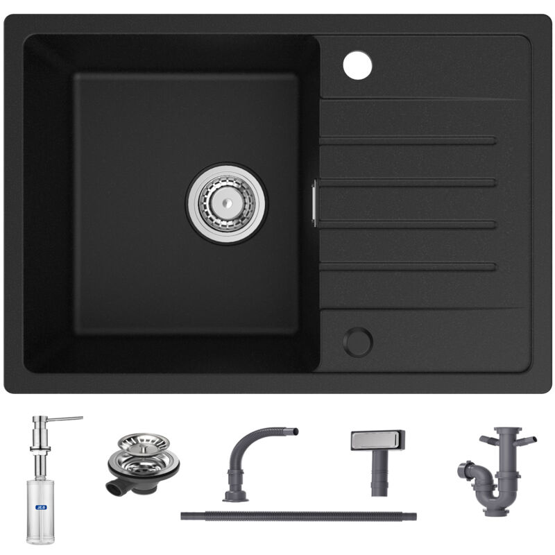 Cecipa - Evier de cuisine avec égouttoir Noir 65 x 45 cm Evier à encastrer Deux directions d'installation + 300ML Distributeur de Savon Brossé
