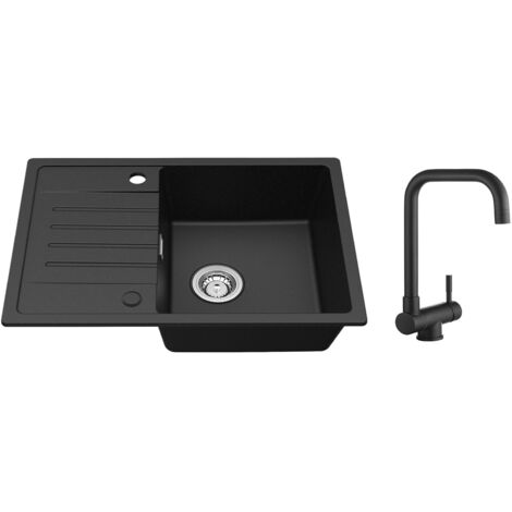 Cecipa Evier de cuisine avec égouttoir Noir 65 x 45 cm Evier à encastrer Deux directions d'installation + Cuisine Rabattable Robinet Pliable Mitigeur Sous Fenêtre Noir