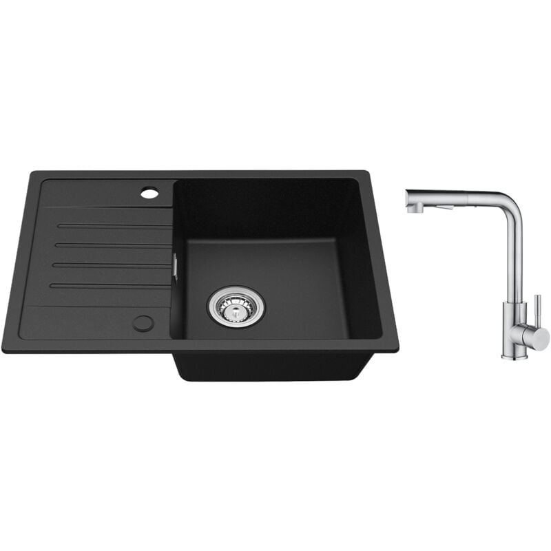 Cecipa - Evier de cuisine avec égouttoir Noir 65 x 45 cm Evier à encastrer Deux directions d'installation + Mitigeur Cuisine avec Douchette