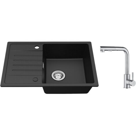 Cecipa Evier de cuisine avec égouttoir Noir 65 x 45 cm Evier à encastrer Deux directions d'installation + Mitigeur Cuisine avec Douchette Extractible - 2 Jets aux Choix - Brossé