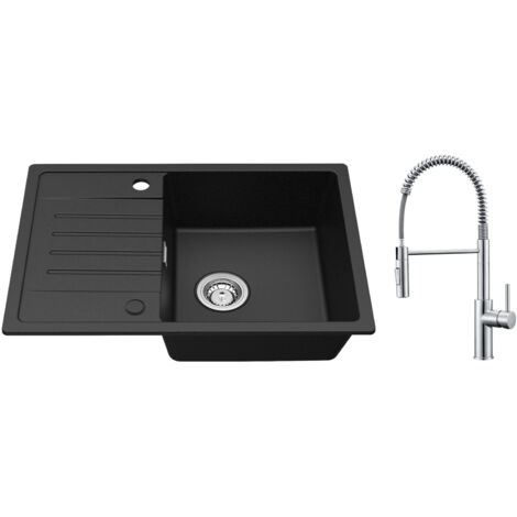 Cecipa Evier de cuisine avec égouttoir Noir 65 x 45 cm Evier à encastrer Deux directions d'installation + Mitigeur de Cuisine à Ressort avec Douchette Extractible, Robinet Evier 2 Modes de Sortie D'ea
