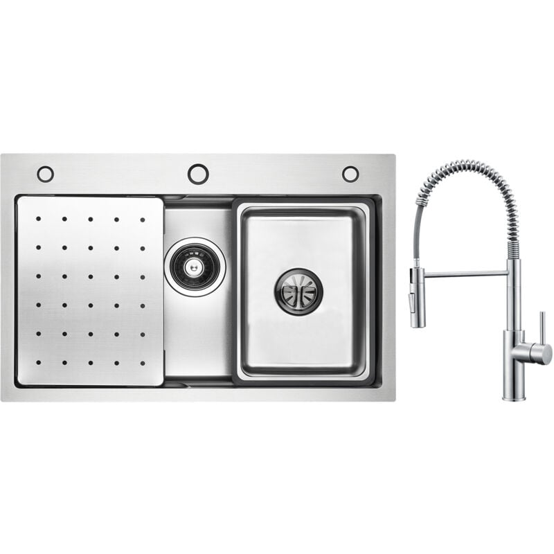 Cecipa - vier de Cuisine Évier 1 Bac 70×45cm avec Egouttoir / Vasque / Distributeur de Savon + Mitigeur de Cuisine à Ressort avec Douchette